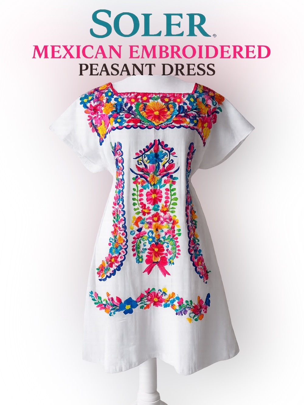 Mexican Embroidered Floral Dress XL Boho Folk Art Cotton Tunic